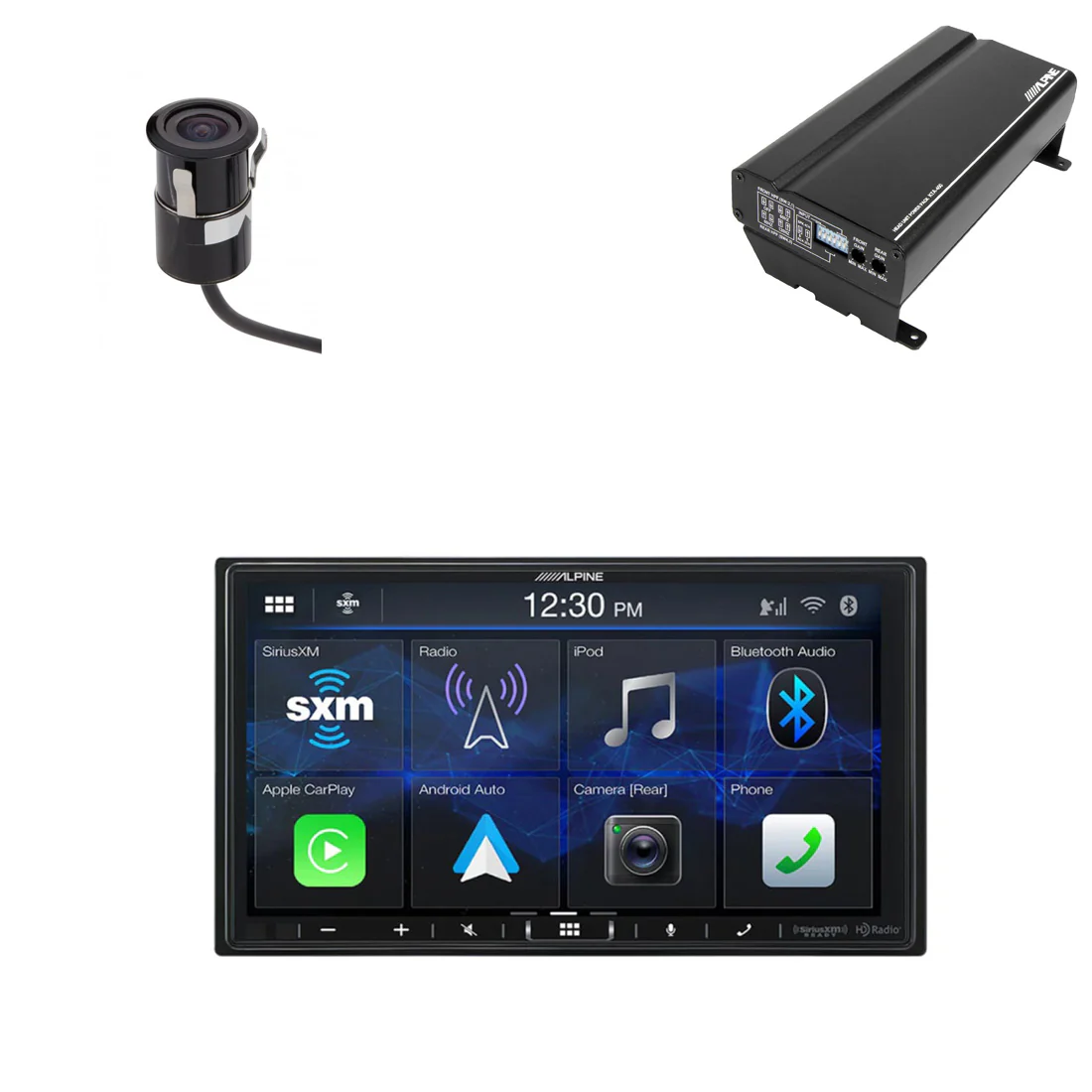 Alpine ILX-407 Digital Multimedia Car Receiver | Alpine KTA-450 Compact 4-Channel Car Amplifier | EchoMaster CAM551 Backup Camera - Bundle