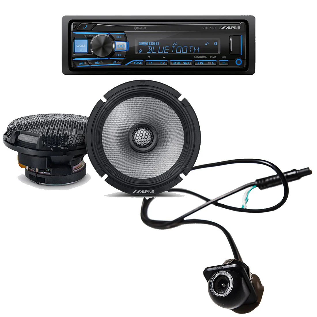 Alpine UTE-73BT Digital Media Receiver | Alpine R2-S65 6.5" Speaker Set | EchoMaster RVC 5721 Backup Camera - Bundle