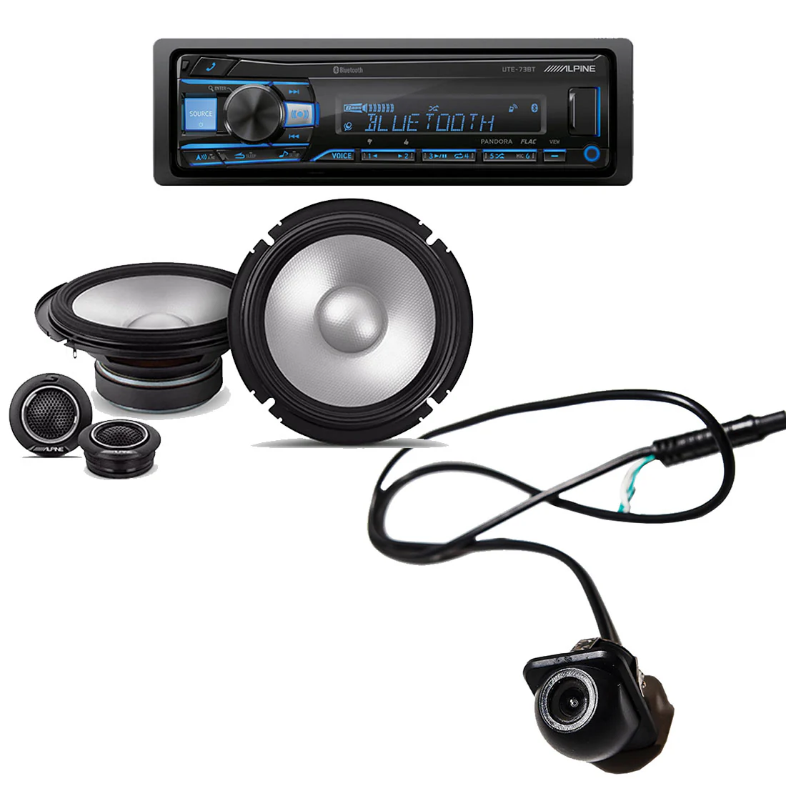 Alpine UTE-73BT Digital Media Receiver | Alpine S2-S65C Speaker System | EchoMaster RVC 5721 Backup Camera - Bundle