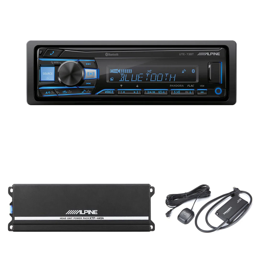Alpine UTE-73BT Digital Media Receiver | KTP-445A 4-Channel Amplifier | SiriusXM SXV300V1C Connect Vehicle Tuner - Bundle