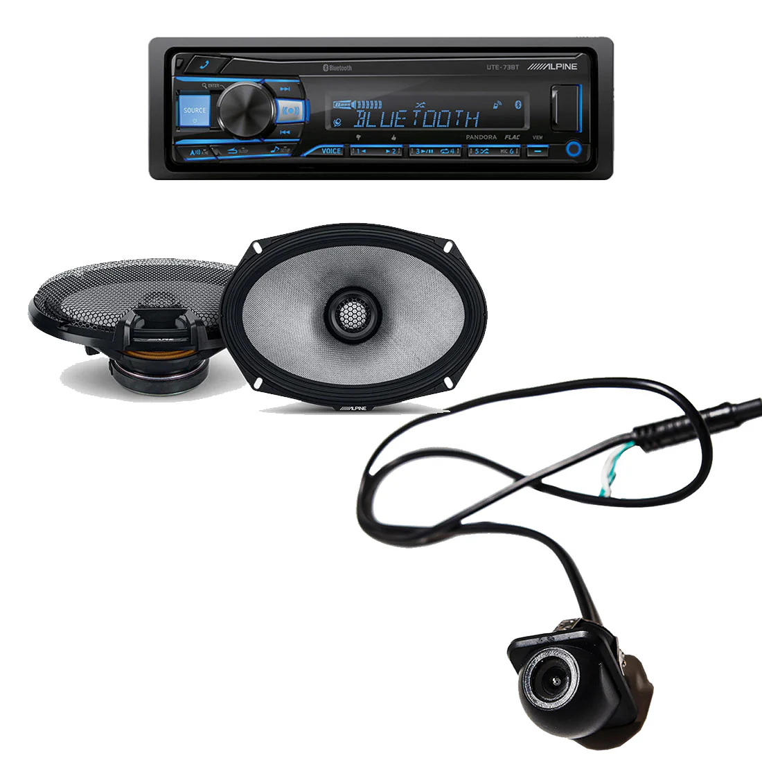 Alpine UTE-73BT Digital Media Receiver | R2-S69 6x9" Coaxial Speakers | EchoMaster RVC 5721 Backup Camera - Bundle
