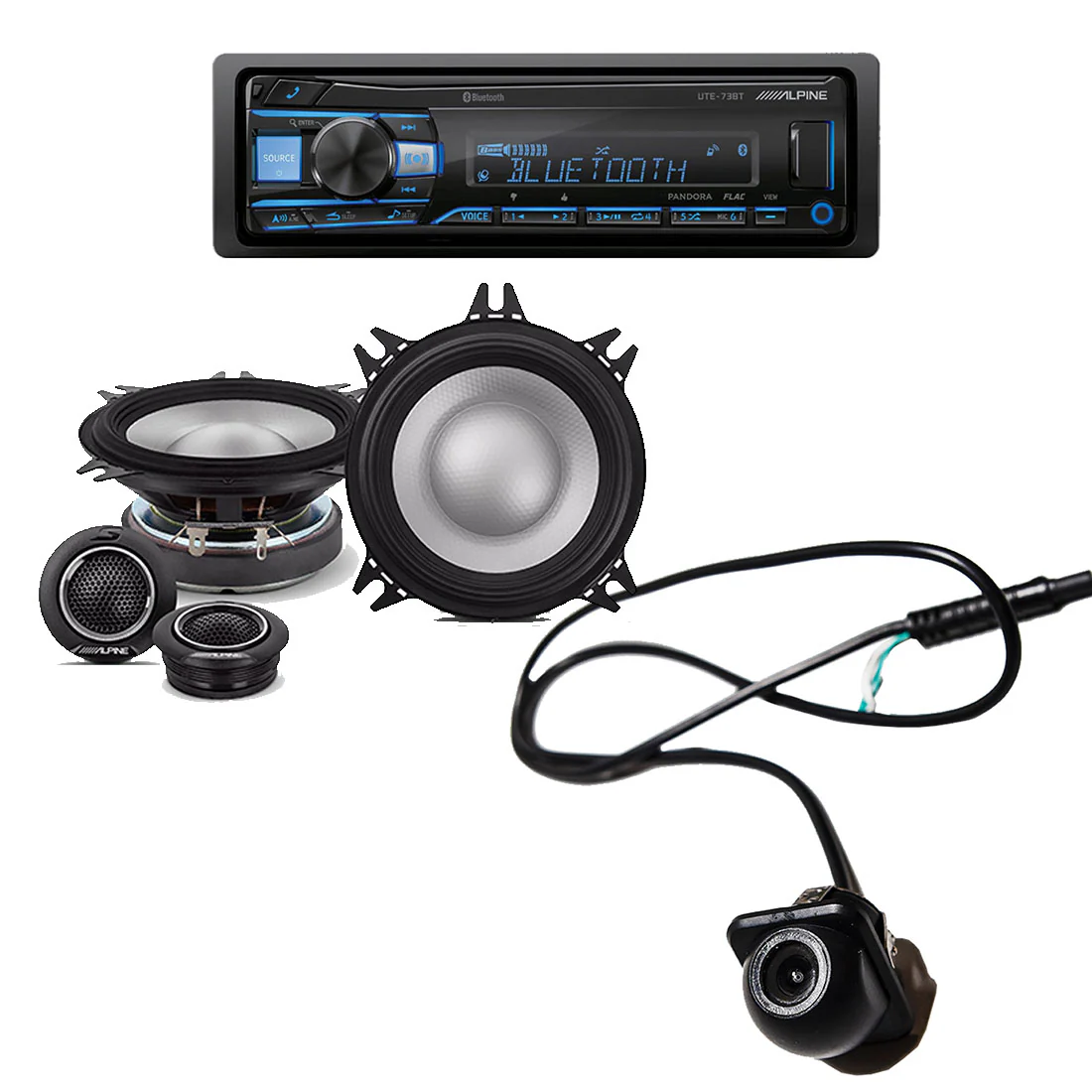 Alpine UTE-73BT Digital Media Receiver | S2-S40C 4" Component Speaker System | EchoMaster RVC 5721 Backup Camera - Bundle
