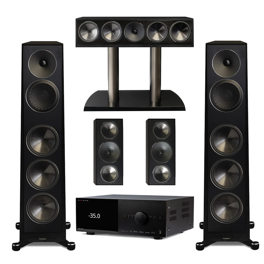 Anthem MRX 1140 Receiver | Paradigm Founder 100F Floor Standing Speakers | Founder 90C Center Channel | Founder 70LCR LCR Speakers - Black Walnut - Bundle