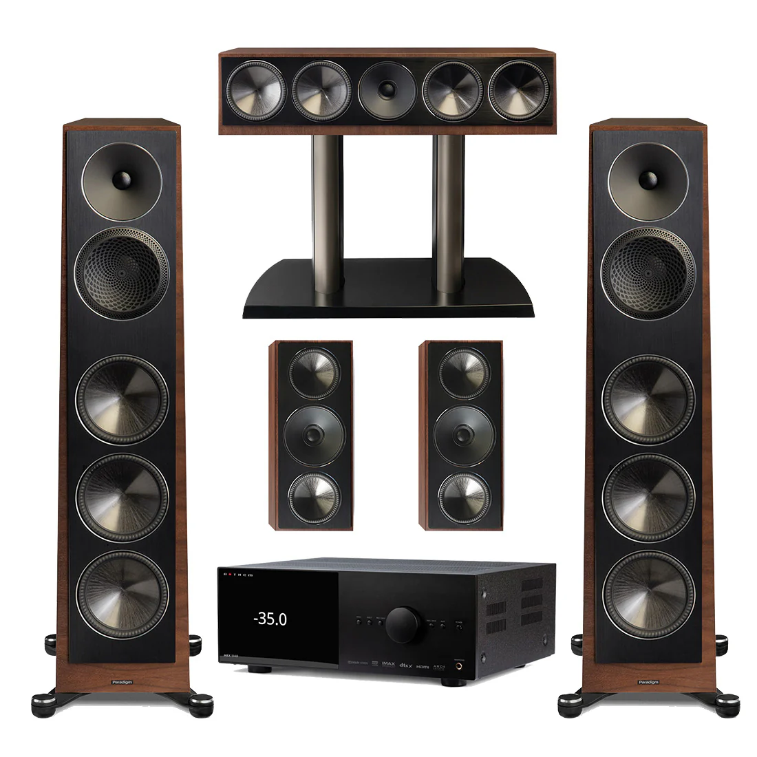 Anthem MRX 1140 Receiver | Paradigm Founder 100F Floor Standing Speakers | Founder 90C Center Channel | Founder 70LCR LCR Speakers - Walnut - Bundle
