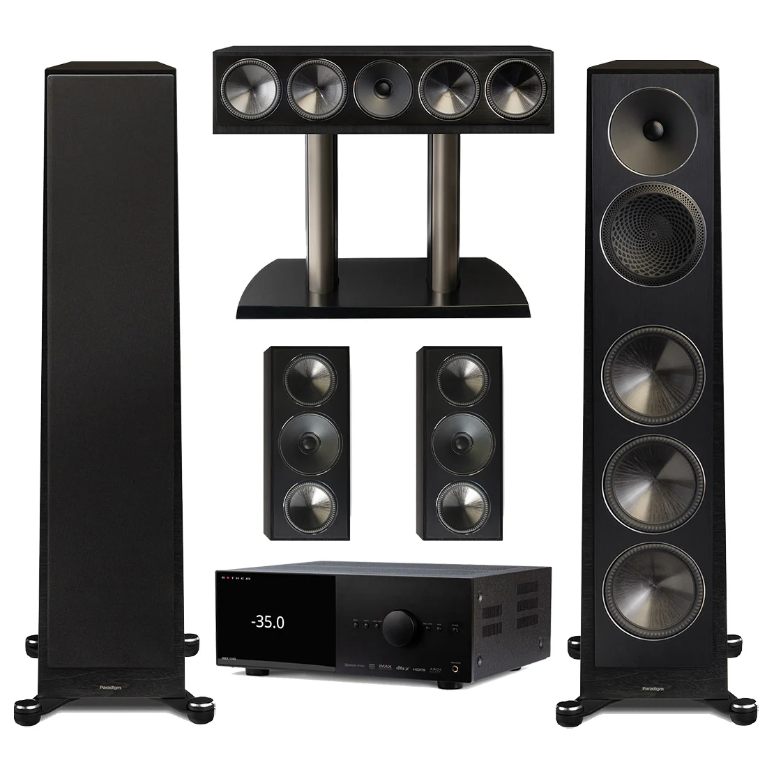 Anthem MRX 1140 Receiver | Paradigm Founder 120H Floor Standing Speakers | Founder 90C Center Channel | Founder 70LCR LCR Speakers - Black Walnut - Bundle