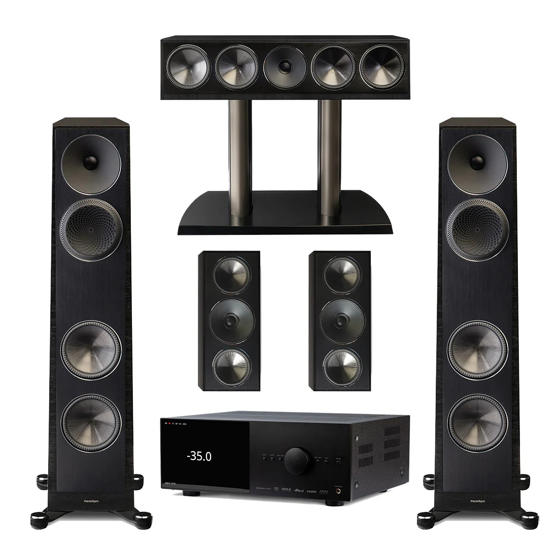 Anthem MRX 1140 Receiver | Paradigm Founder 80F Floor Standing Speakers | Founder 90C Center Channel | Founder 70LCR LCR Speakers - Black Walnut - Bundle