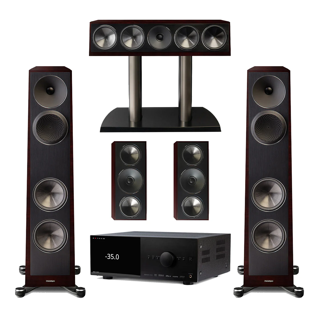 Anthem MRX 1140 Receiver | Paradigm Founder 80F Floor Standing Speakers | Founder 90C Center Channel | Founder 70LCR LCR Speakers - Midnight Cherry - Bundle