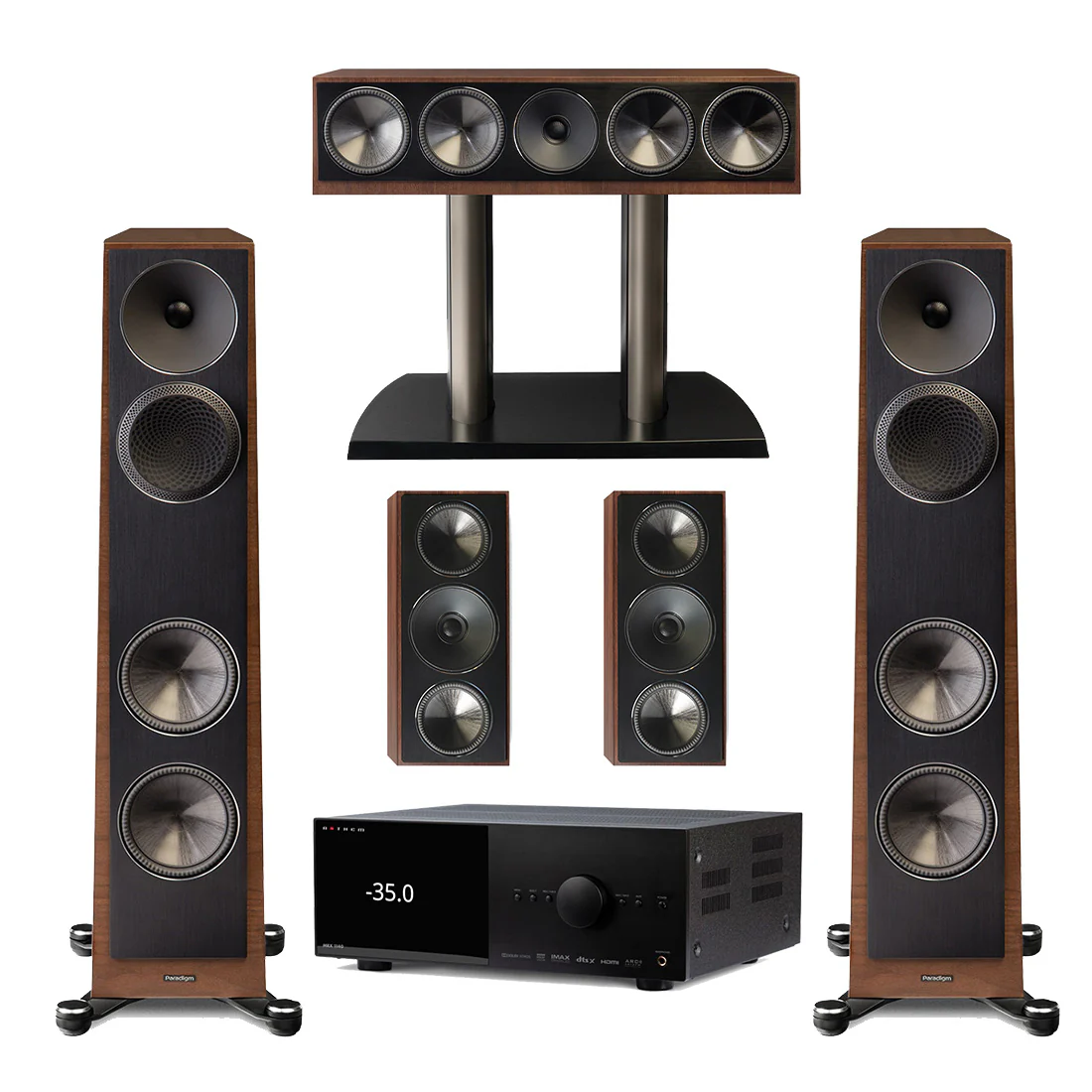 Anthem MRX 1140 Receiver | Paradigm Founder 80F Floor Standing Speakers | Founder 90C Center Channel | Founder 70LCR LCR Speakers - Walnut - Bundle