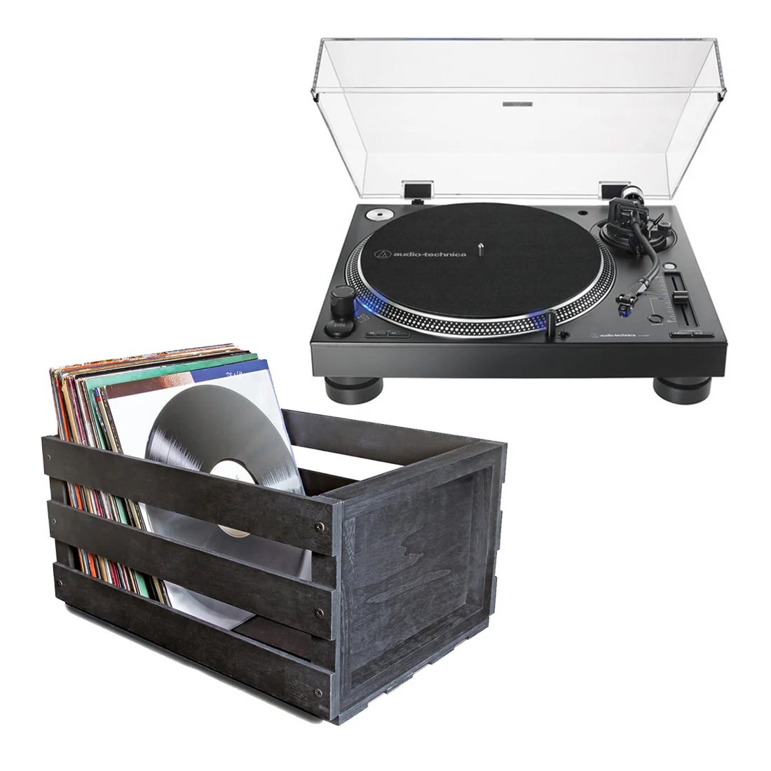 Audio-Technica AT-LP140XP-BK Direct-Drive Professional DJ Turntable | Ultralink ULPRC Record Storage Crate Bundle