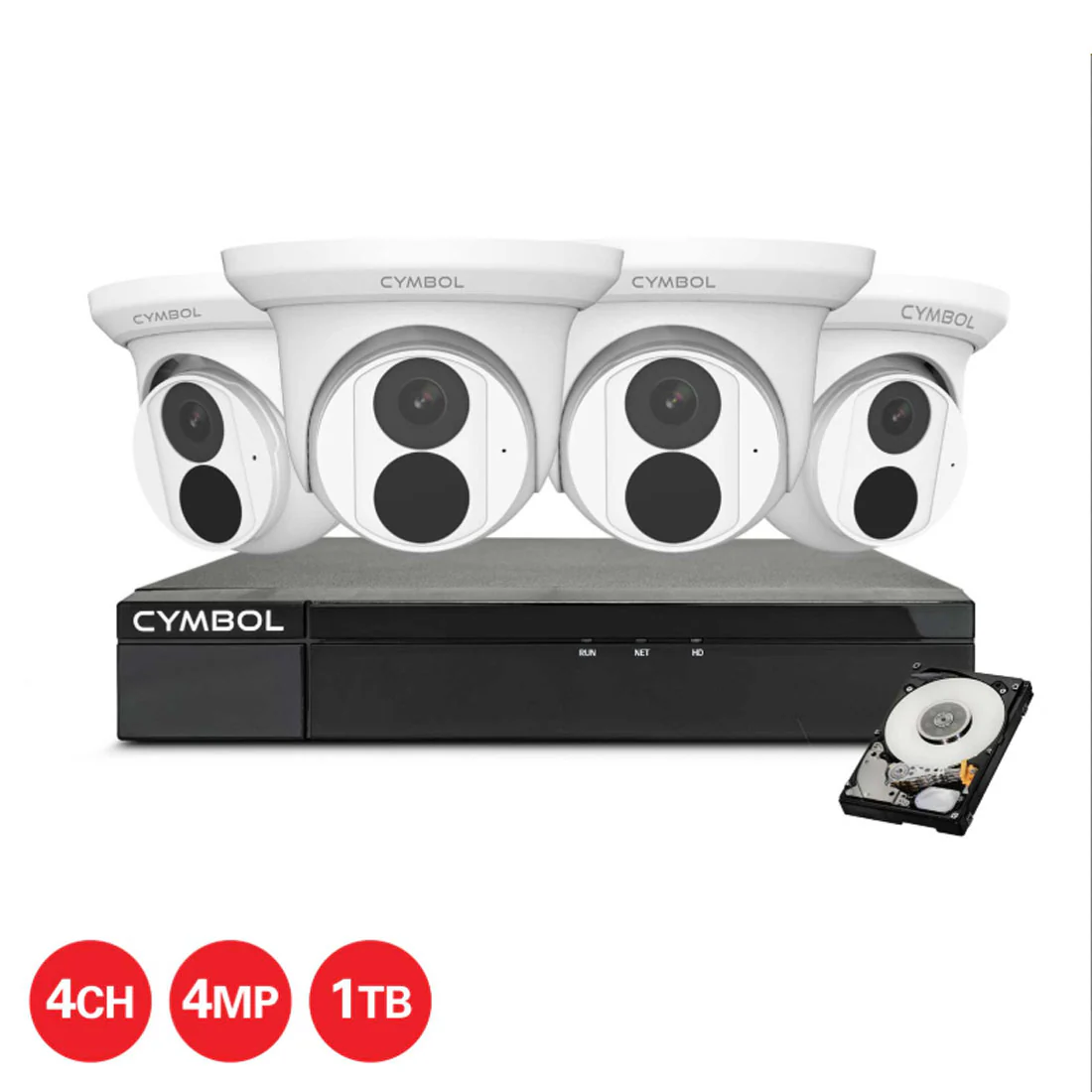 Cymbol 4Channel IP Camera Kit With 4 x 4MP White Turret Cameras and 4Channel 1TB NVR (CYIPKIT444MP)