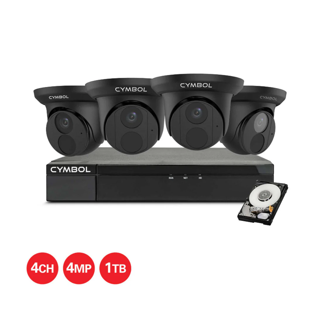 Cymbol 4Channel IP Camera Kit With 4 x 4MP Black Turret Cameras and 4Channel 1TB NVR (CYIPKIT444MPBK)