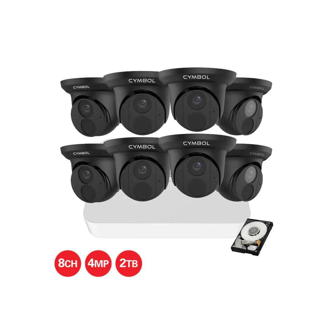 Cymbol 8 Channel IP Camera Kit With 8 x 4MP Turret Cameras and 8 Channel 2TB NVR - Black (CYIPKIT884MPBK)