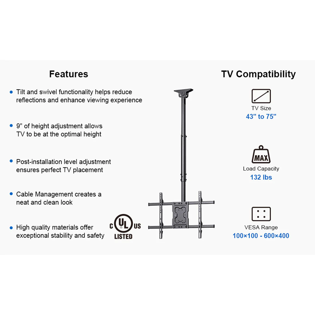ErgoAV ERMCL1-01B Ceiling Mount for TVs 43" to 75" (ERMCL101B) - Image 3