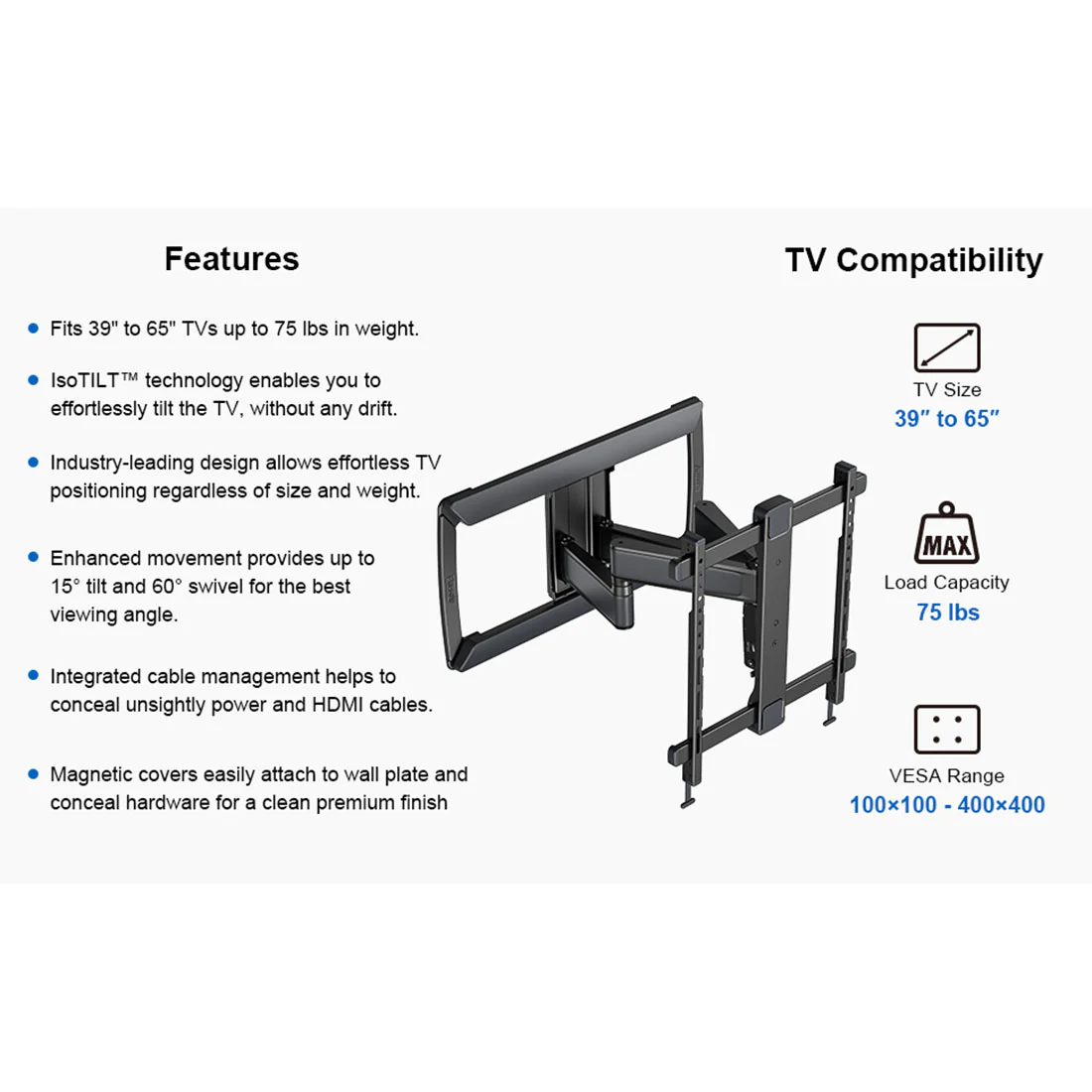 ErgoAV ERMMM6-01B Motion Mount with Dual Arms for TVs 39" to 65" (ERMMM601B) - Image 2
