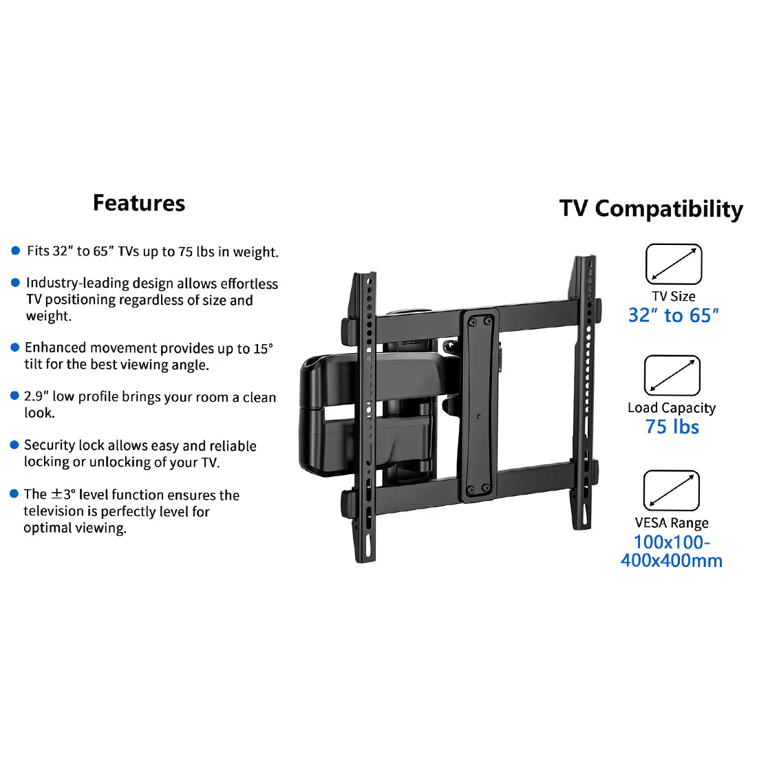ErgoAV ERMMM9-01B Medium Motion TV Mount 32"-65" TVs (ERMMM901B) - Image 12