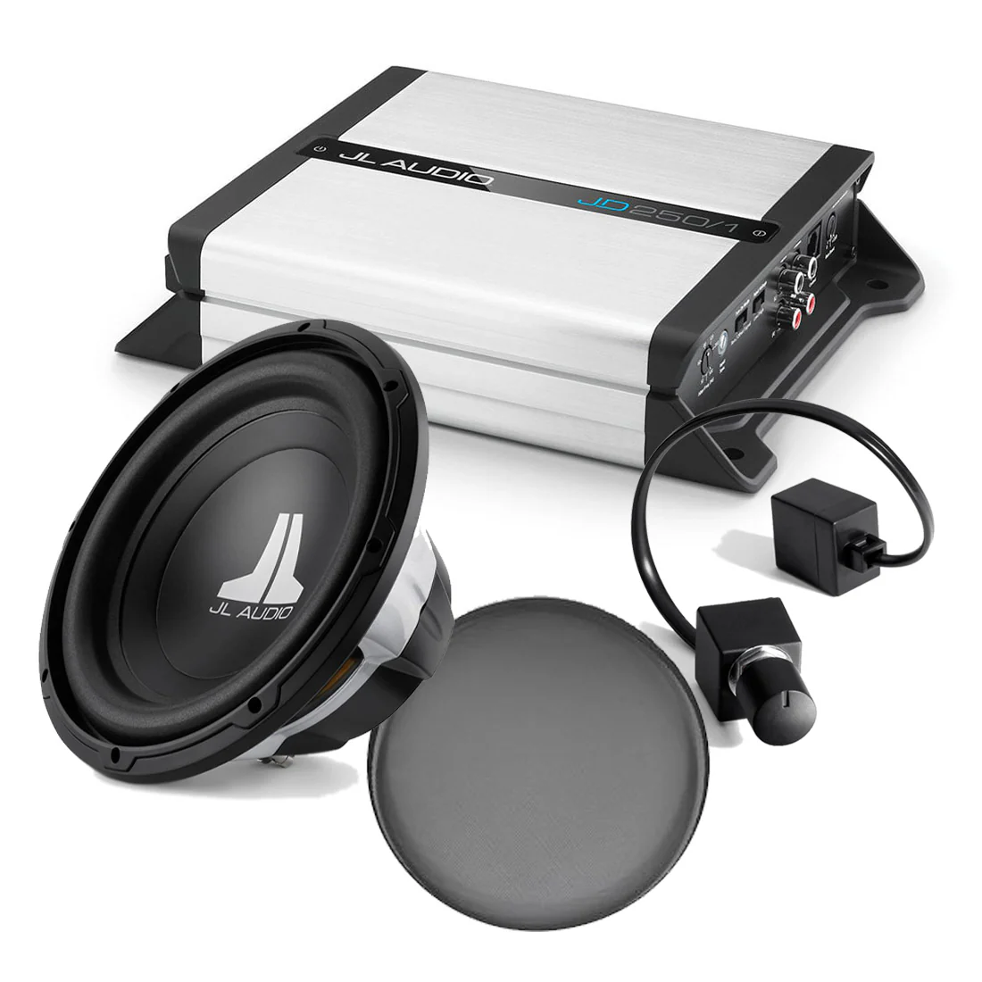 JL Audio JD250/1 Mono Amplifier - #98360 | 12W0V3-4 12" Subwoofer - #92166 | RBC-1 Bass Remote - #98015 | SGRU-12 12" Subwoofer Grille - #90595- Bass Bundle