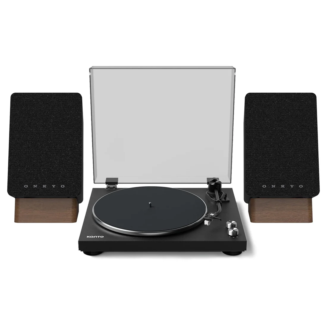 Kanto OBI3VMB Belt Drive Bluetooth Turntable | Onkyo GX-10DBB Compact Powered Bluetooth Bookshelf Speakers - Pair - Black - Bundle