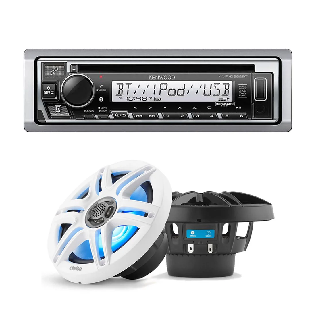 Kenwood KMR-D382BT Marine CD-Receiver | Clarion CMS-651 6.5" Marine RGB Speakers with Sport Grilles - Bundle