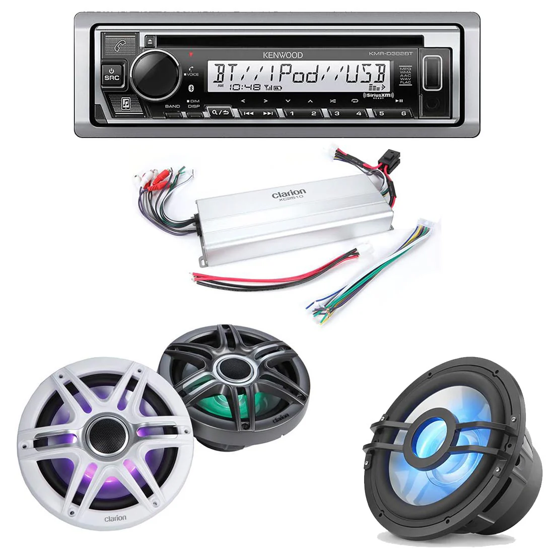 Kenwood KMR-D382BT Marine CD-Receiver | Clarion CMSP-771RGB-SWG Marine RGB Speakers | Clarion XC2510 Compact Class D 5-Channel Marine Amplifier | Clarion CMSP-101RGB 10" Marine Subwoofer - Bundle