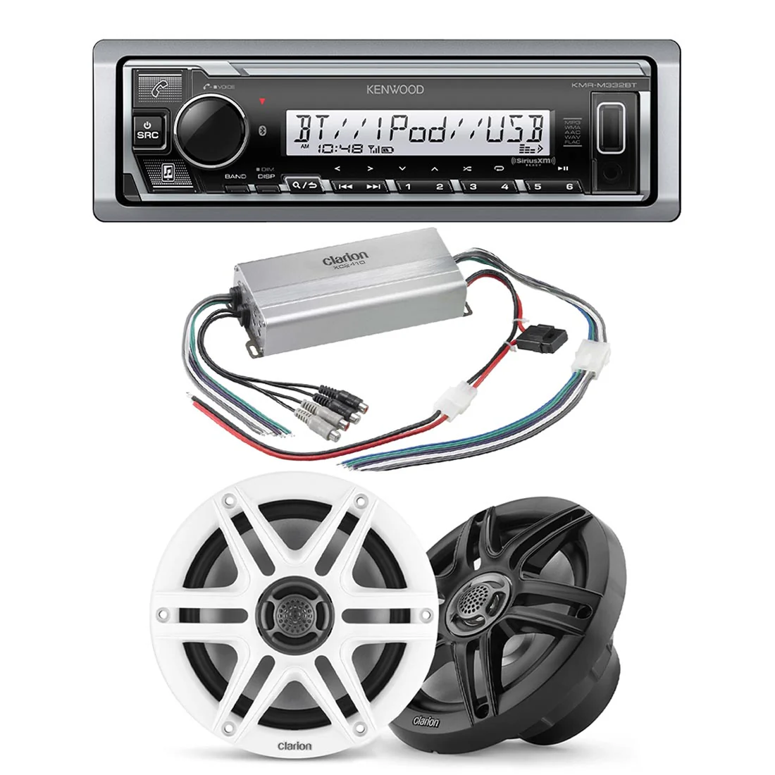 Kenwood KMR-M332BT Marine Digital Media Receiver | Clarion CMS-651-SWB Marine Speakers | Clarion XC2410 Marine Amplifier - Bundle