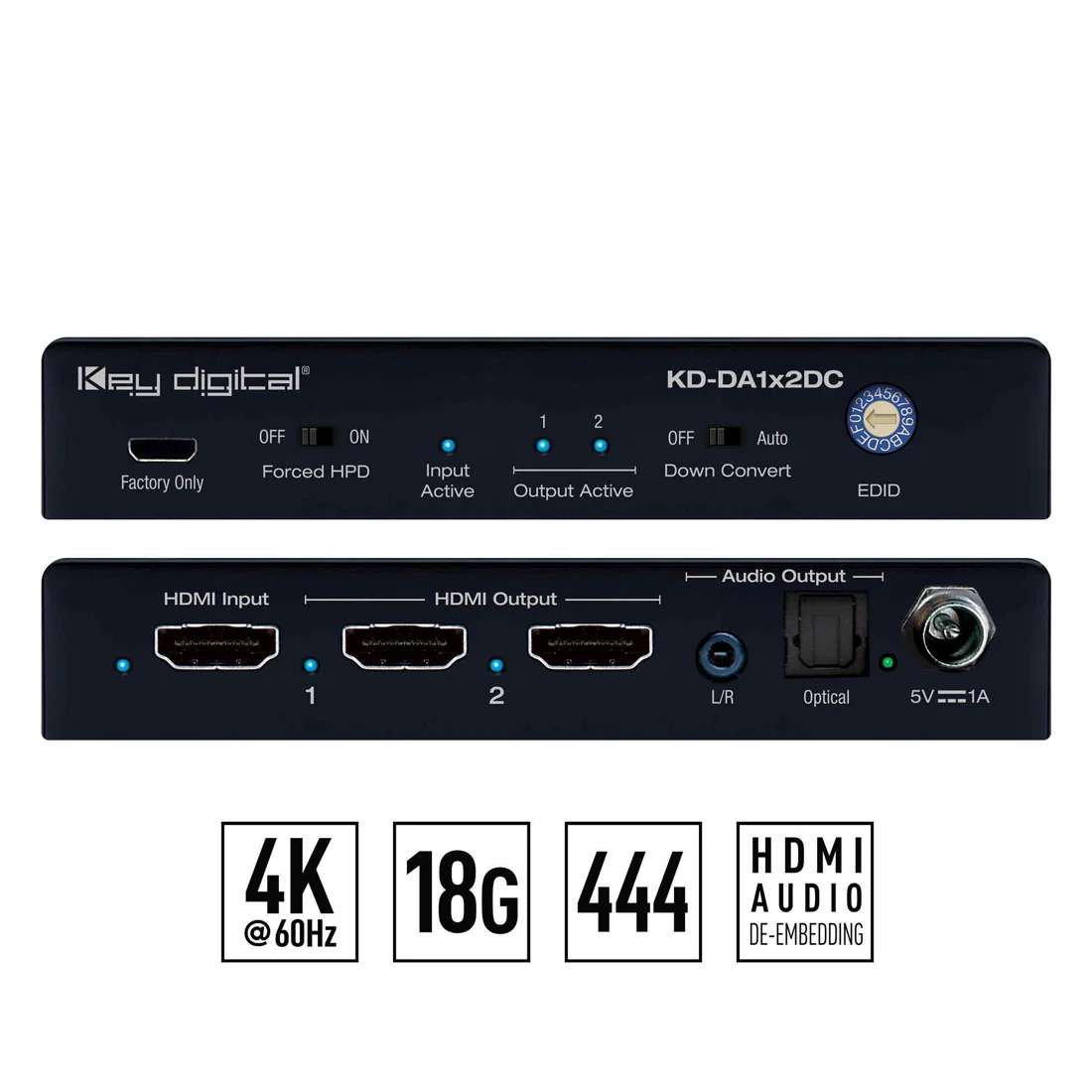 Key Digital KDDA1X2DC 2 Output HDMI Splitter Distribution Amp (KDDA1X2DC)