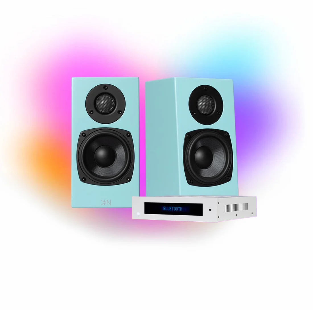 KIN One Bookshelf Speakers - Blue - Pair| KIN Amp Bluetooth Stereo Amplifier - White - Bundle