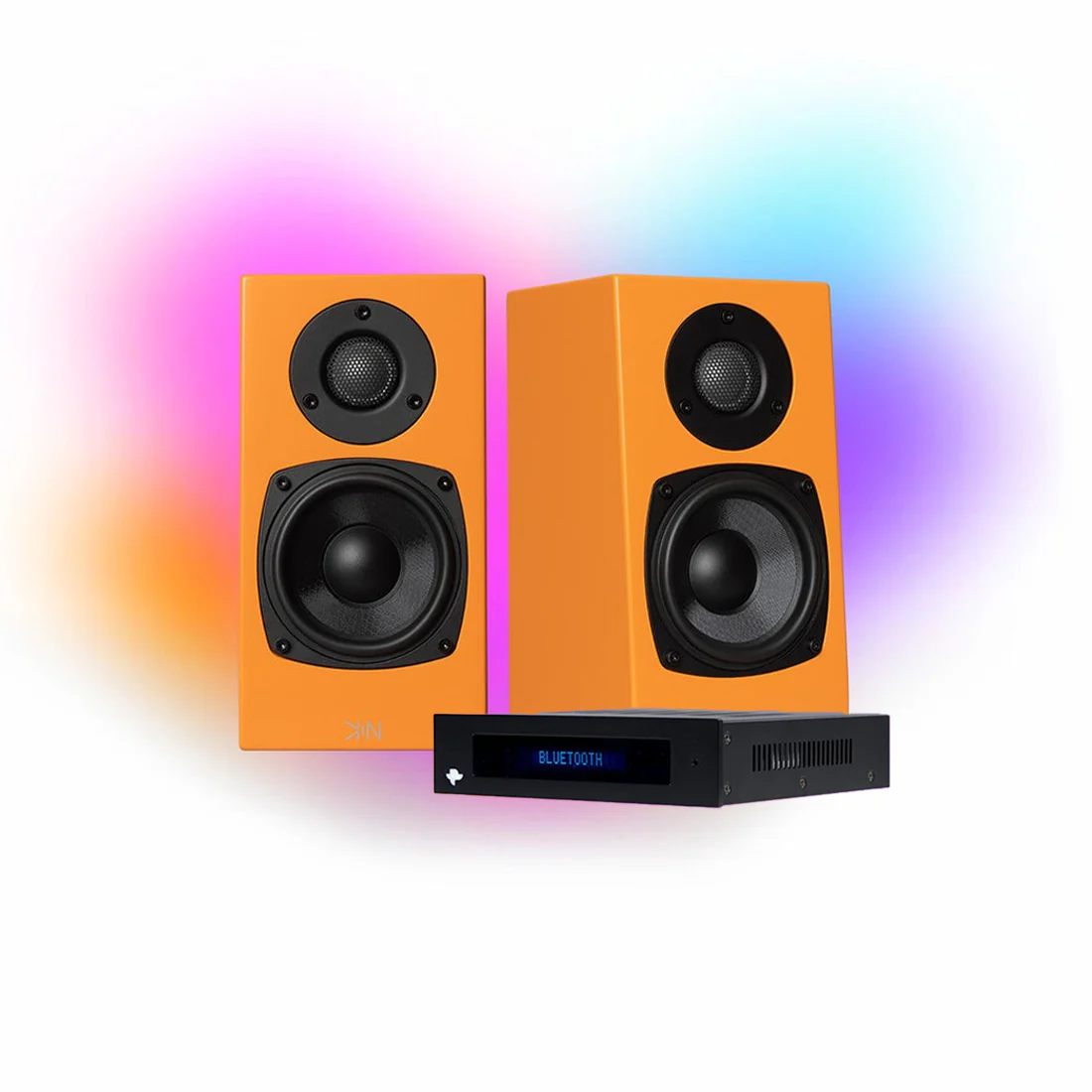 KIN One Bookshelf Speakers with 4" Woofer Orange Pair| KIN Amp Bluetooth Stereo Amplifier - Black - Bundle