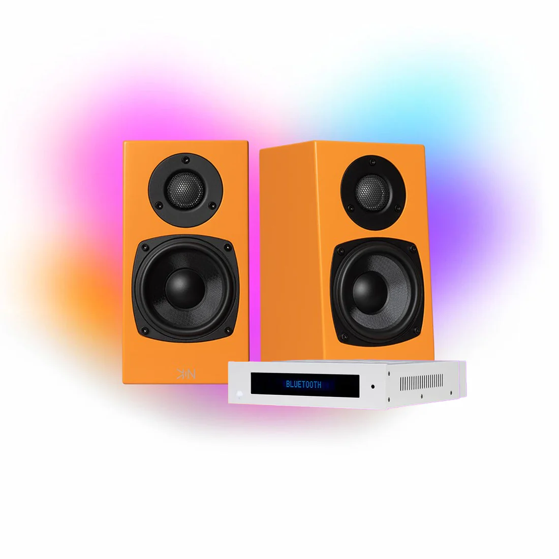 KIN One Bookshelf Speakers - Orange - Pair | KIN Amp Bluetooth Stereo Amplifier - White - Bundle