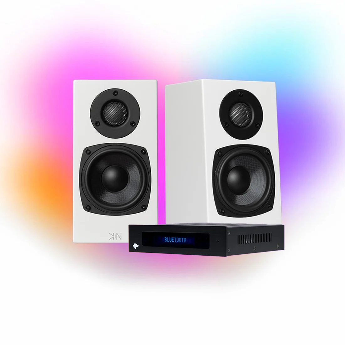 KIN One Bookshelf Speakers with 4" Woofer - White Pair | KIN Amp Bluetooth Stereo Amplifier - Black - Bundle