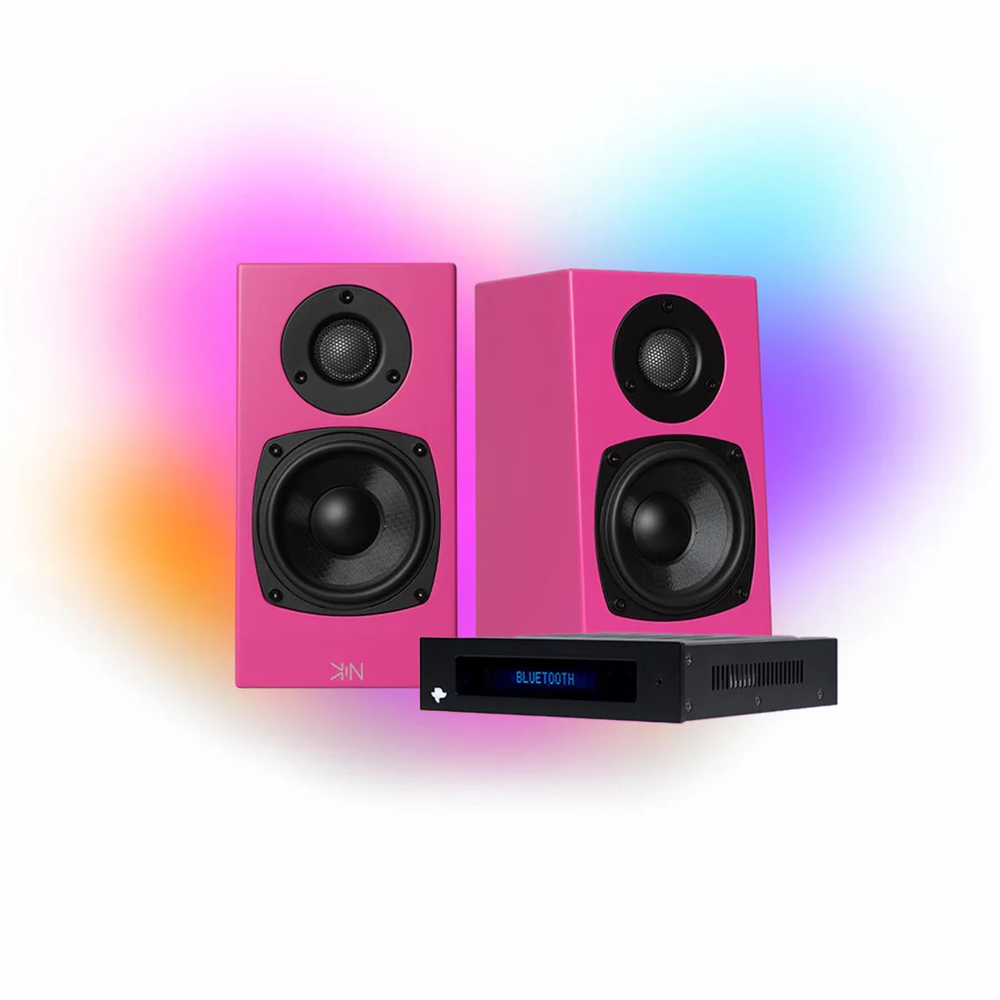 KIN One Bookshelf Speakers - Pink - Pair | KIN Amp Bluetooth Stereo Amplifier - Black - Bundle