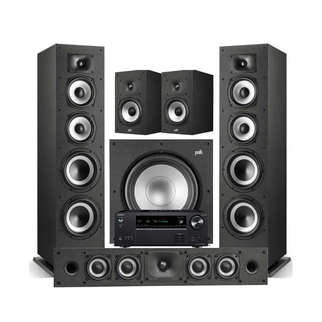 Onkyo TX-NR6100 7.2 Channel THX Certified Network A/V Receiver | Polk Audio Monitor XT70 Floor standing Speakers | Monitor XT35 High Res Loudspeaker | Monitor XT20 High Res Loudspeaker | Monitor XT12 12 - Powered Subwoofer - Bundle