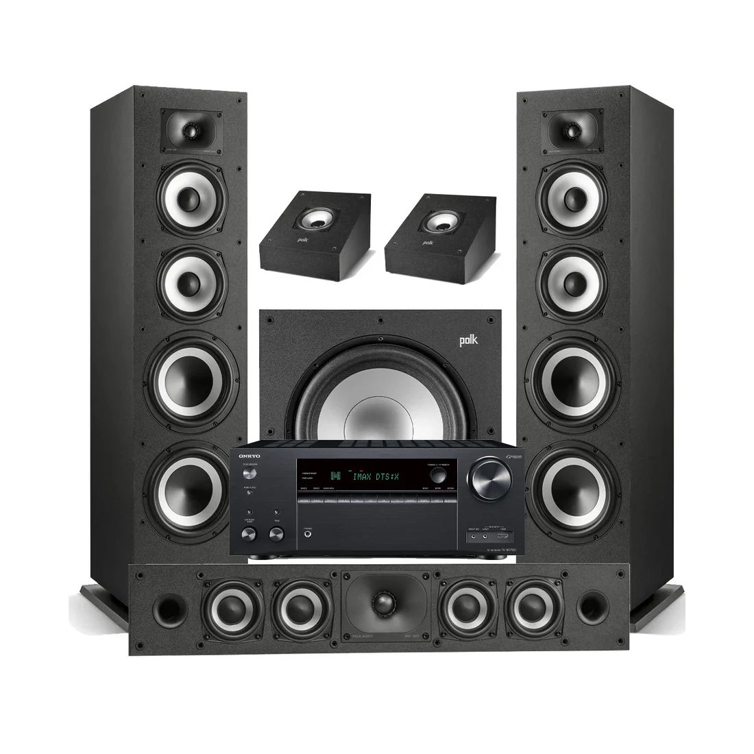 Onkyo TX-NR7100 9.2 Channel THX Certified Network A/V Receiver | Polk Audio Monitor XT70 Floor Standing Loudspeakers - Pair | XT35 Center Channel | XT90 Height Speaker - Pair | XT12 12 - Subwoofer - Bundle