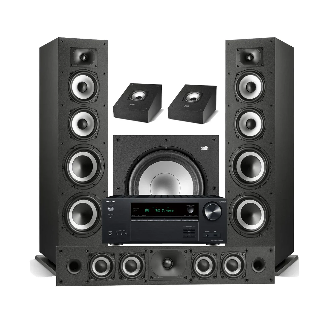 Onkyo TX-NR6100 7.2 Channel THX Certified Network A/V Receiver | Polk Audio Monitor XT70 Floor Standing Loudspeakers - Pair | XT35 Center Channel | XT90 Height Speaker - Pair | XT12 12 - Subwoofer - Bundle