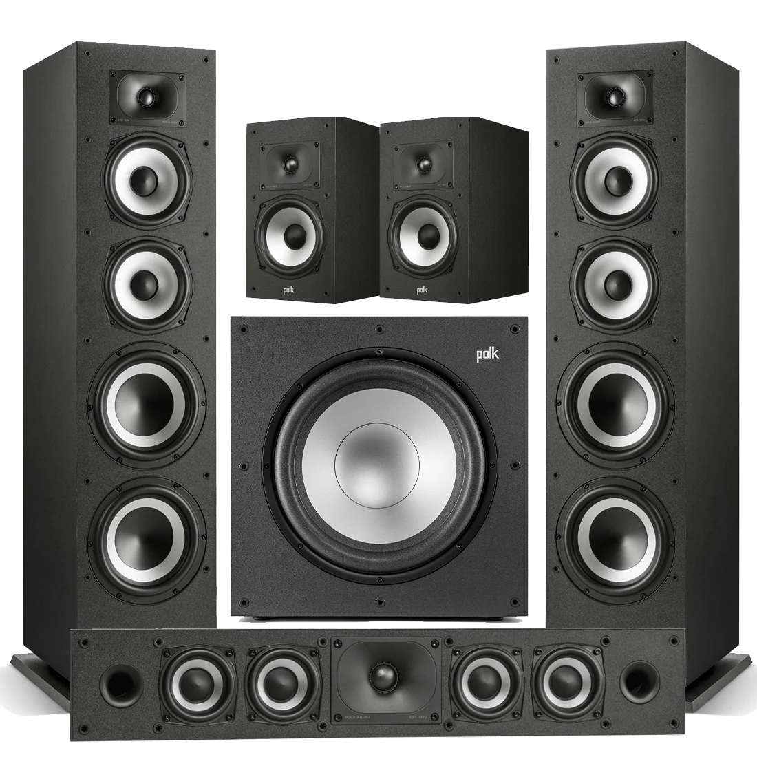 Polk Audio Monitor XT70 Floor standing Speakers | Monitor XT35 Center Channel | Monitor XT20 Bookshelf Speakers | Monitor XT12 12" Powered Subwoofer - Bundle