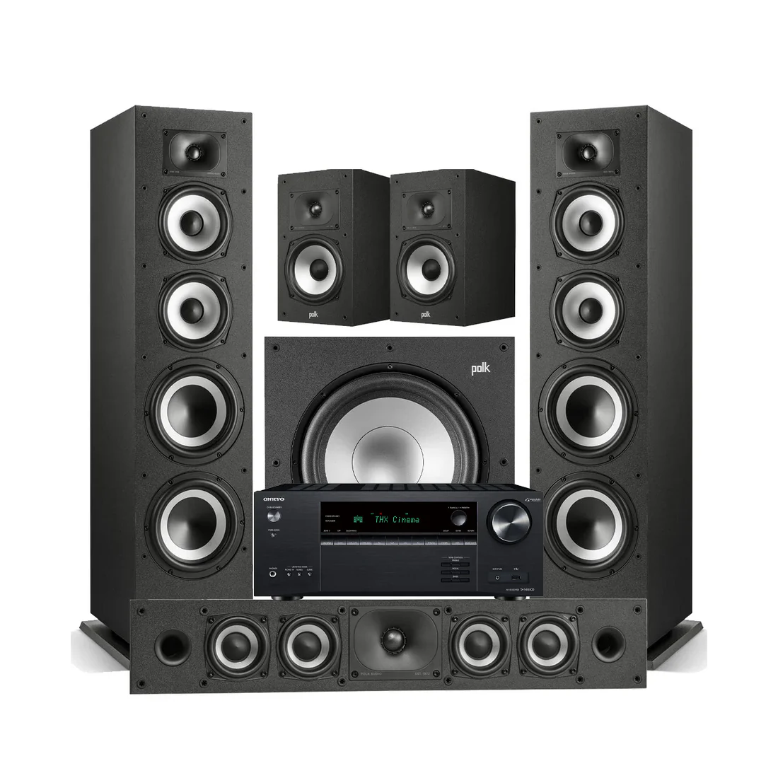Onkyo TX-NR6100 7.2 Channel THX Certified Network A/V Receiver | Polk Audio Monitor XT70 Floor standing Speakers | Monitor XT35 High Res Loudspeaker | Monitor XT20 High Res Loudspeaker | Monitor XT12 12 - Powered Subwoofer - Bundle