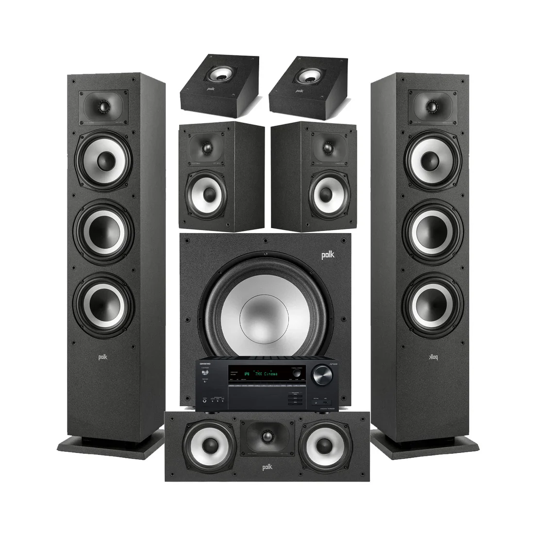 Onkyo TX-NR6100 7.2 Channel THX Certified Network A/V Receiver | Polk Audio XT60 Floor Standing Speakers - Pair| Monitor XT30 Center Channel | XT15 Bookshelf Speakers | XT90 Height Speaker | XT12 12 - Powered Subwoofer - Bundle