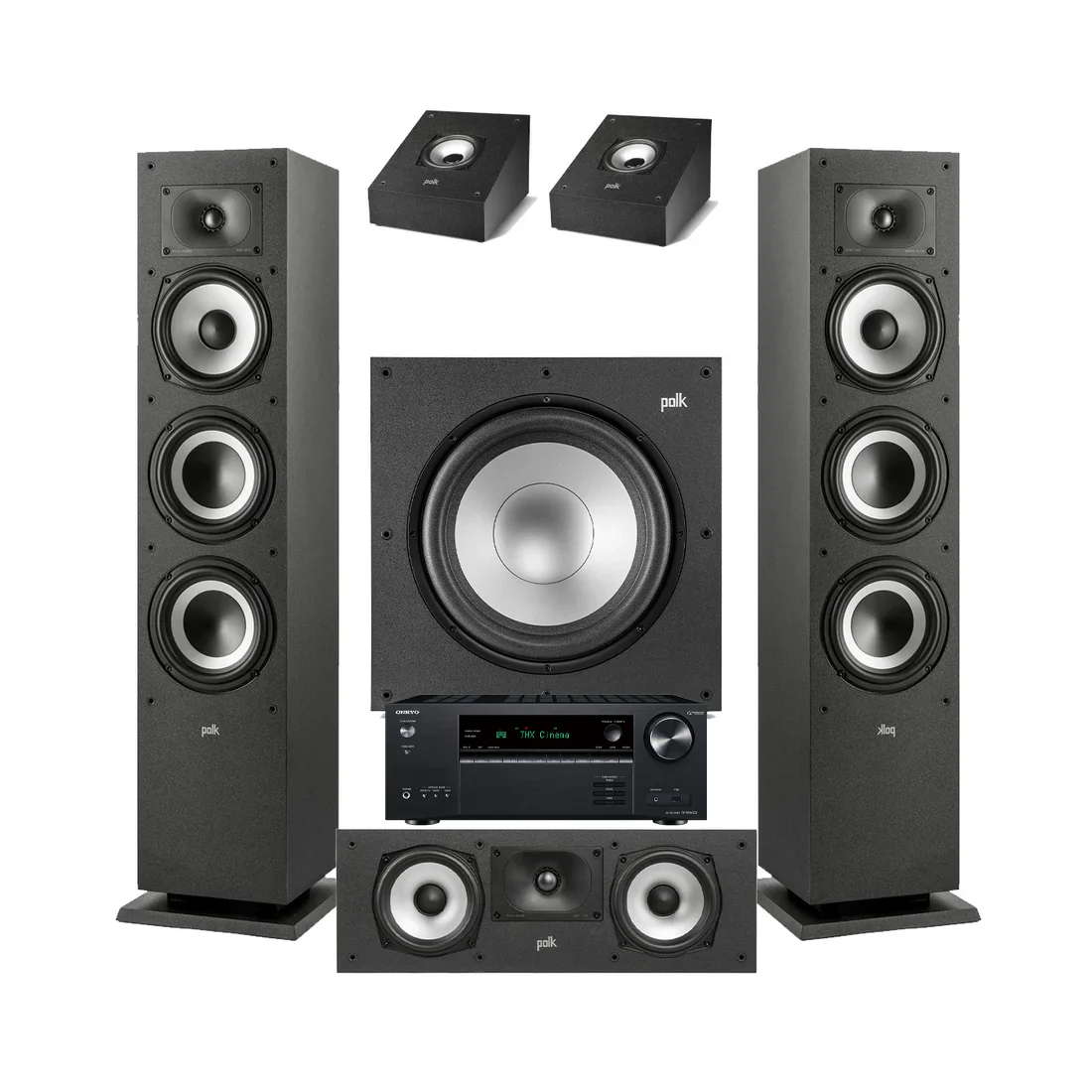 Onkyo TX-NR6100 7.2 Channel THX Certified Network A/V Receiver | Polk Audio XT60 Floor Standing Speakers - Pair | Polk Audio Monitor XT30 Center Channel | XT90 Height Speakers- Pair | Polk Audio XT12 12 - Subwoofer - Bundle