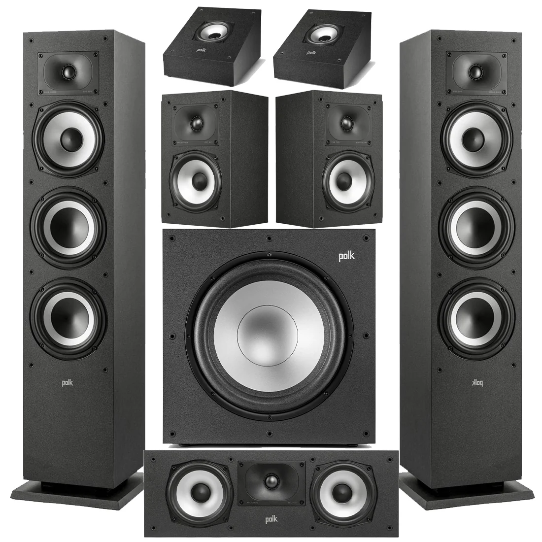 Polk Audio XT60 Floor Standing Speakers - Pair| Monitor XT30 Center Channel | XT15 Bookshelf Speakers | XT90 Height Speaker | XT12 12" Powered Subwoofer - Bundle