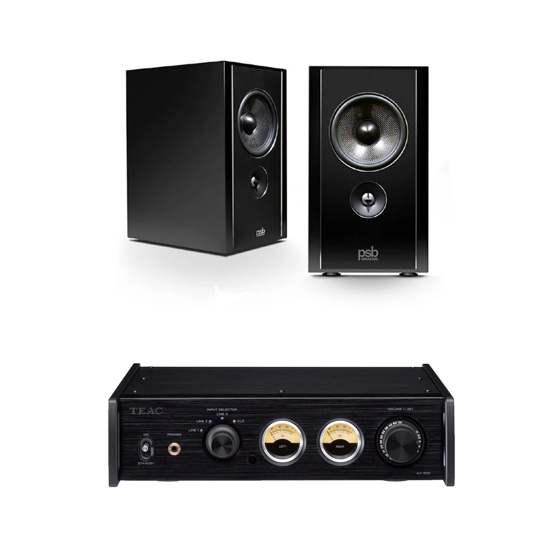 PSB Synchrony B600 High Gloss Piano Black Premium Bookshelf Speakers - Pair | TEAC AX505B Integrated Amplifier - Bundle