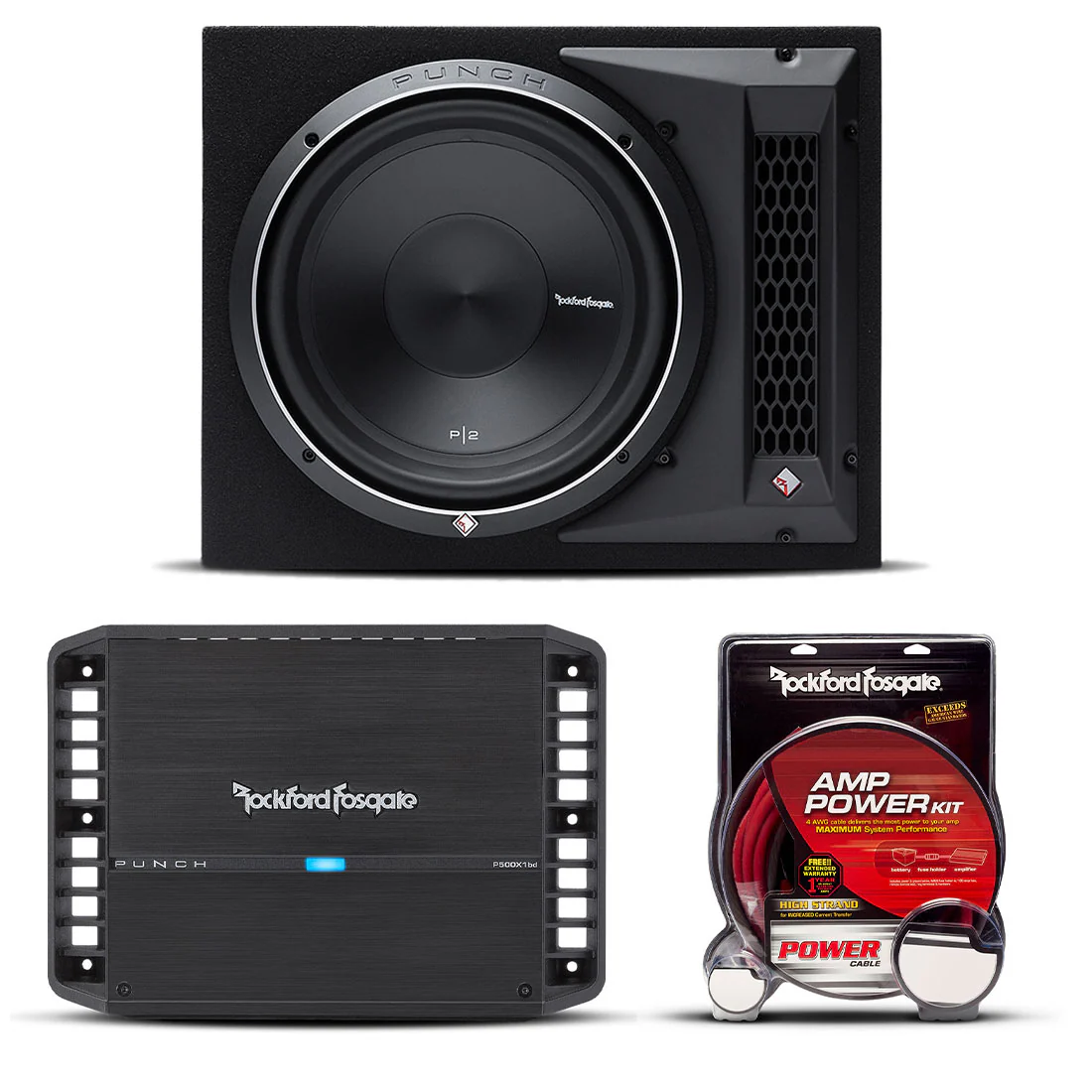 Rockford Fosgate P2-1X12-BUNDLE 12" Loaded Enclosure Subwoofer | P500X1BD 500 W Mono Amplifier | RFK4X Installation Kit (P21X12BUNDLE)