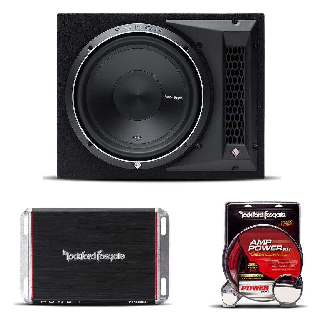 Rockford Fosgate P1-1X12-BUNDLE 12" Loaded Subwoofer Enclosure | PBR300X2 300 W 2-Channel Amplifier | RFK8I Installation Kit (P11X12BUNDLE)