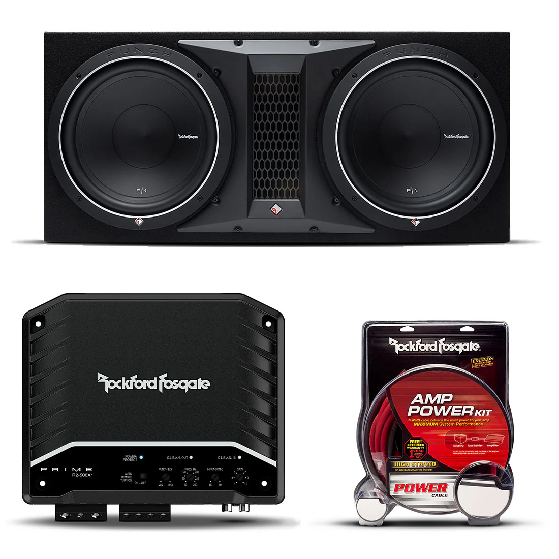 Rockford Fosgate P1-2X12-BUNDLE 12" Loaded Subwoofer Enclosure | R2-500X1 500 W Mono Amplifier | RFK4X Installation Kit (P12X12BUNDLE)