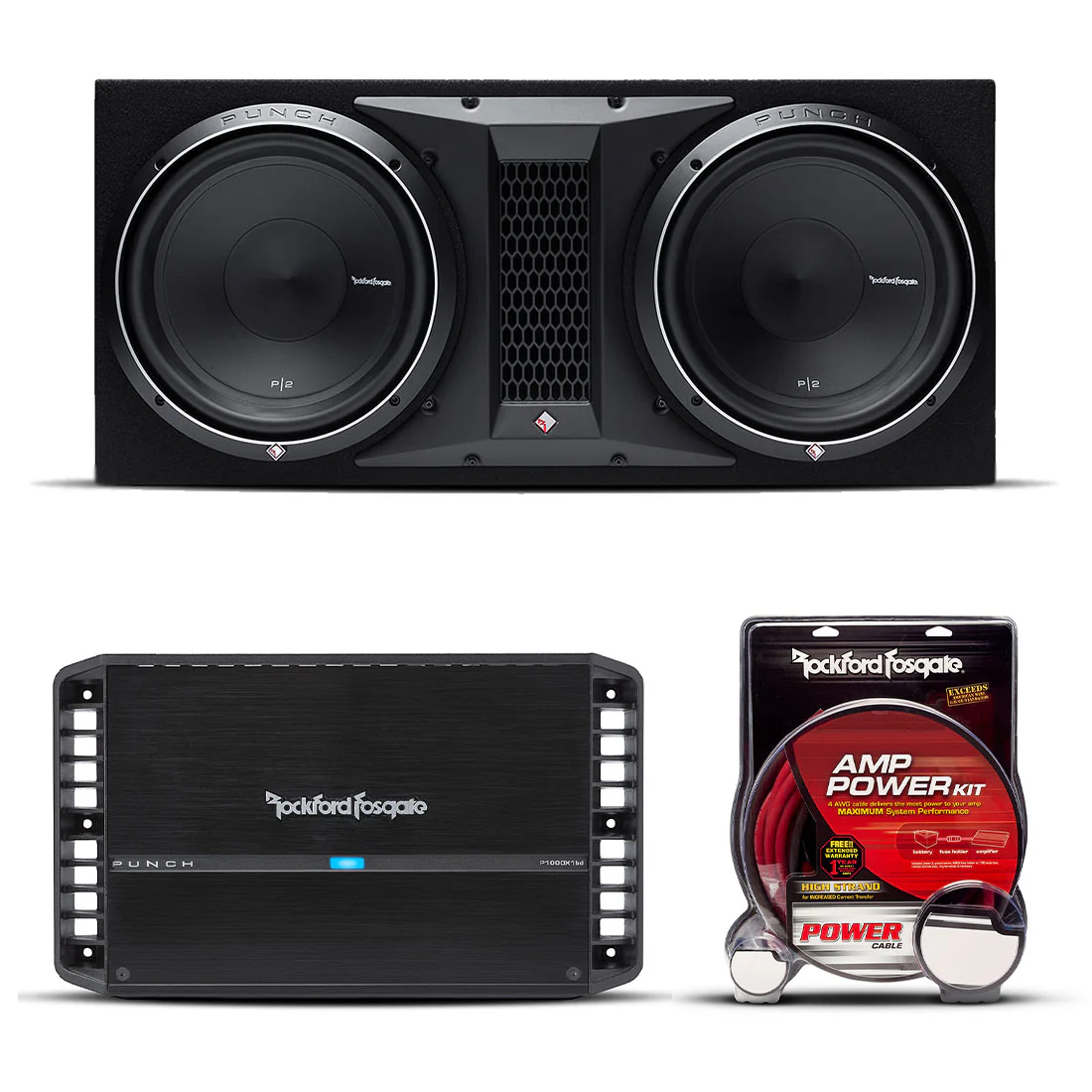 Rockford Fosgate P2-2X12-BUNDLE 12" Loaded Enclosure | P1000X1BD Mono Amplifier | RFK4X Installation Kit (P22X12BUNDLE)