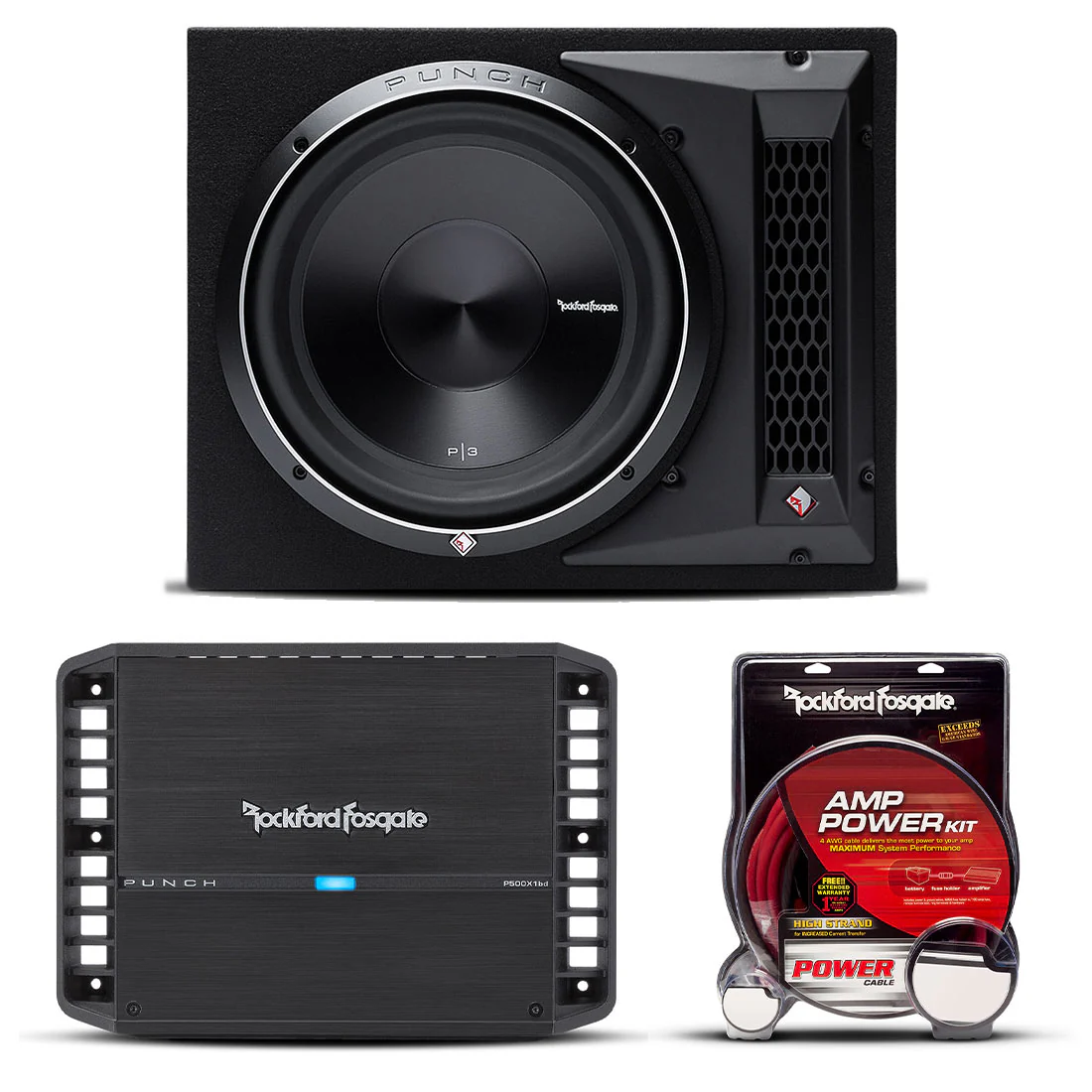 Rockford Fosgate P3-1X12-BUNDLE 12" Loaded Subwoofer Enclosure | P500X1BD Mono Amplifier | RFK4X Installation Kit (P31X12BUNDLE)