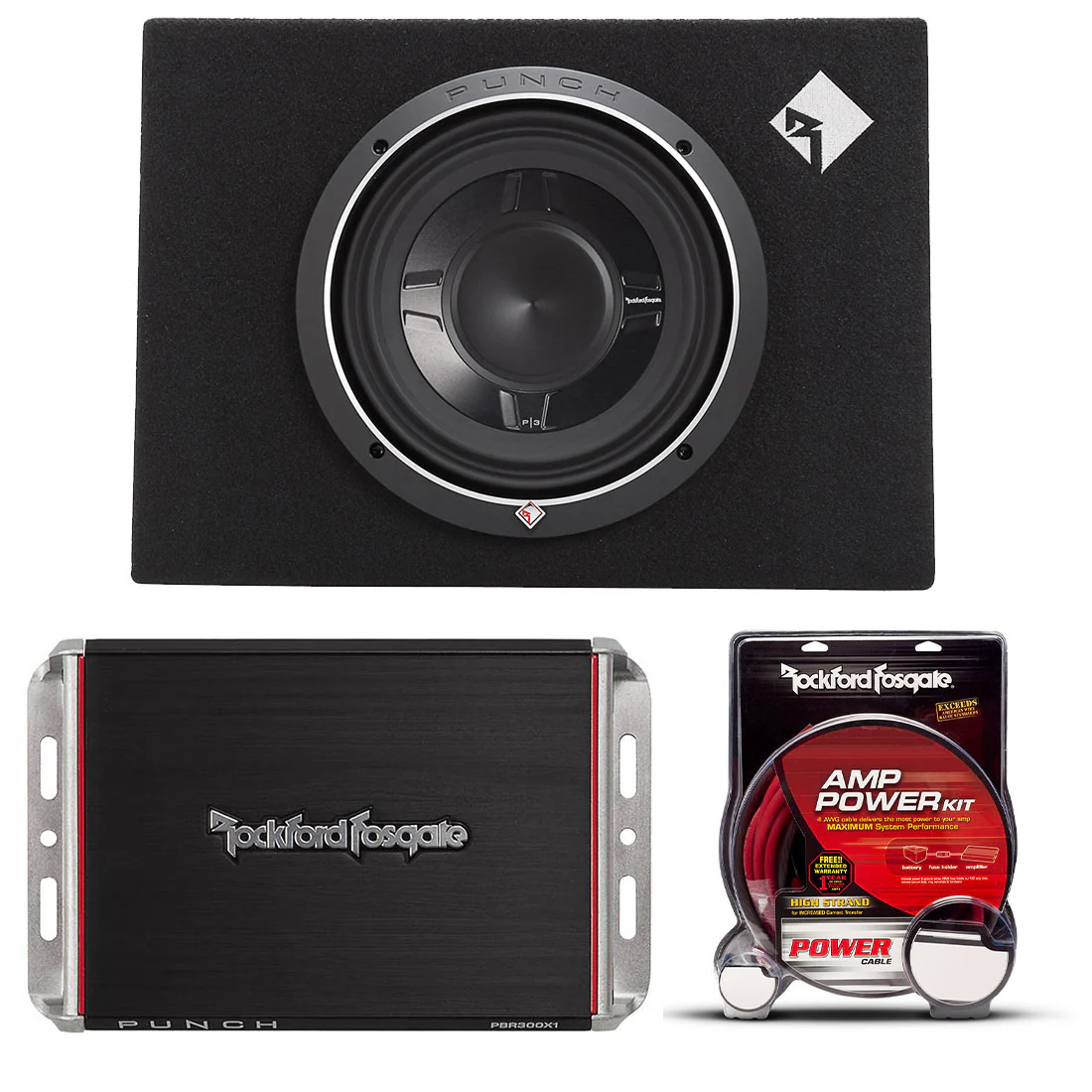 Rockford Fosgate P3S-1X10-BUNDLE 10" Shallow Loaded Enclosure | PBR300X1 Mono Amplifier | RFK8I Installation Kit (P3S1X10BUNDLE)