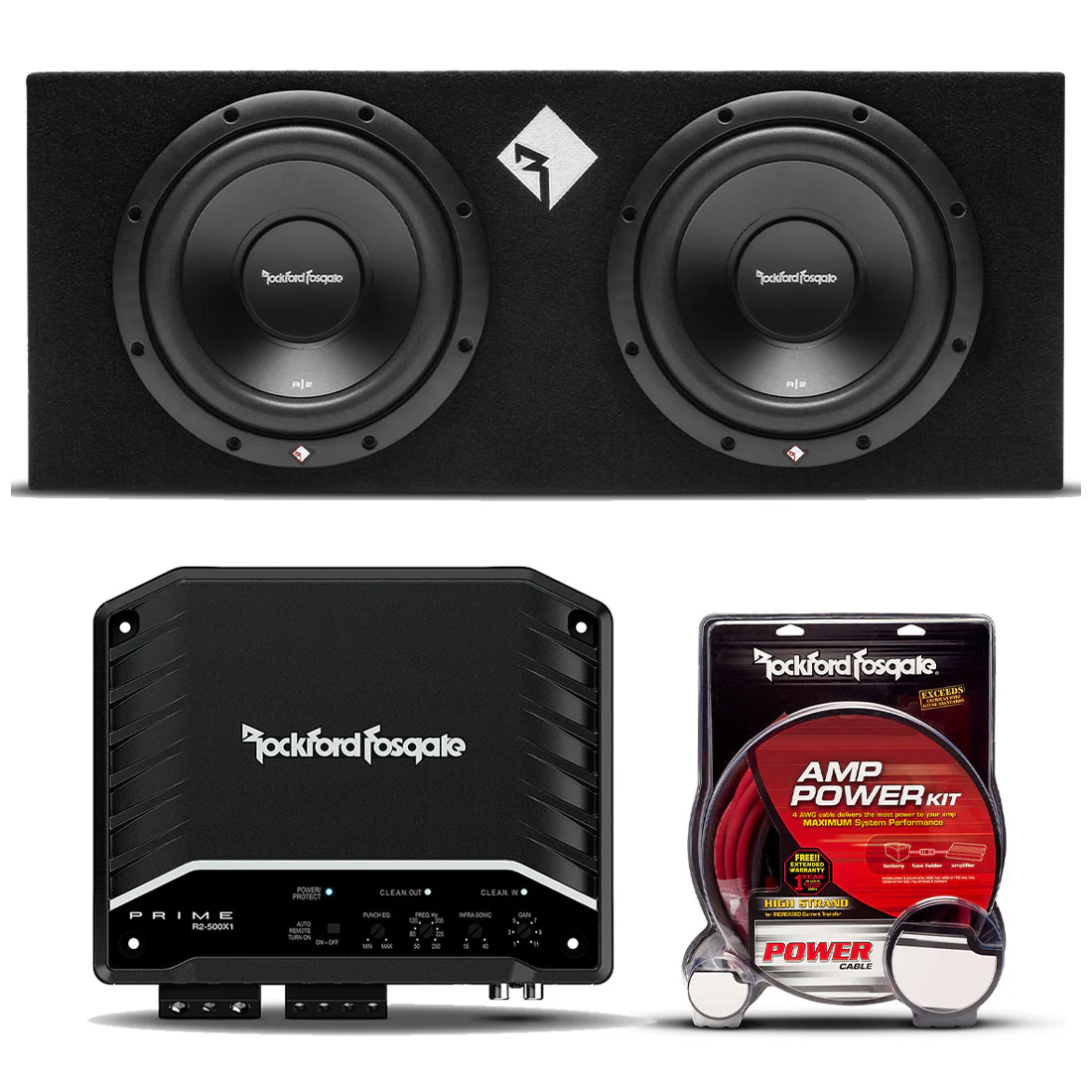 Rockford Fosgate R2-2X10-BUNDLE 10" Loaded Subwoofer Enclosure | R2-500X1 Mono Amplifier | RFK4X Installation Kit (R22X10BUNDLE)