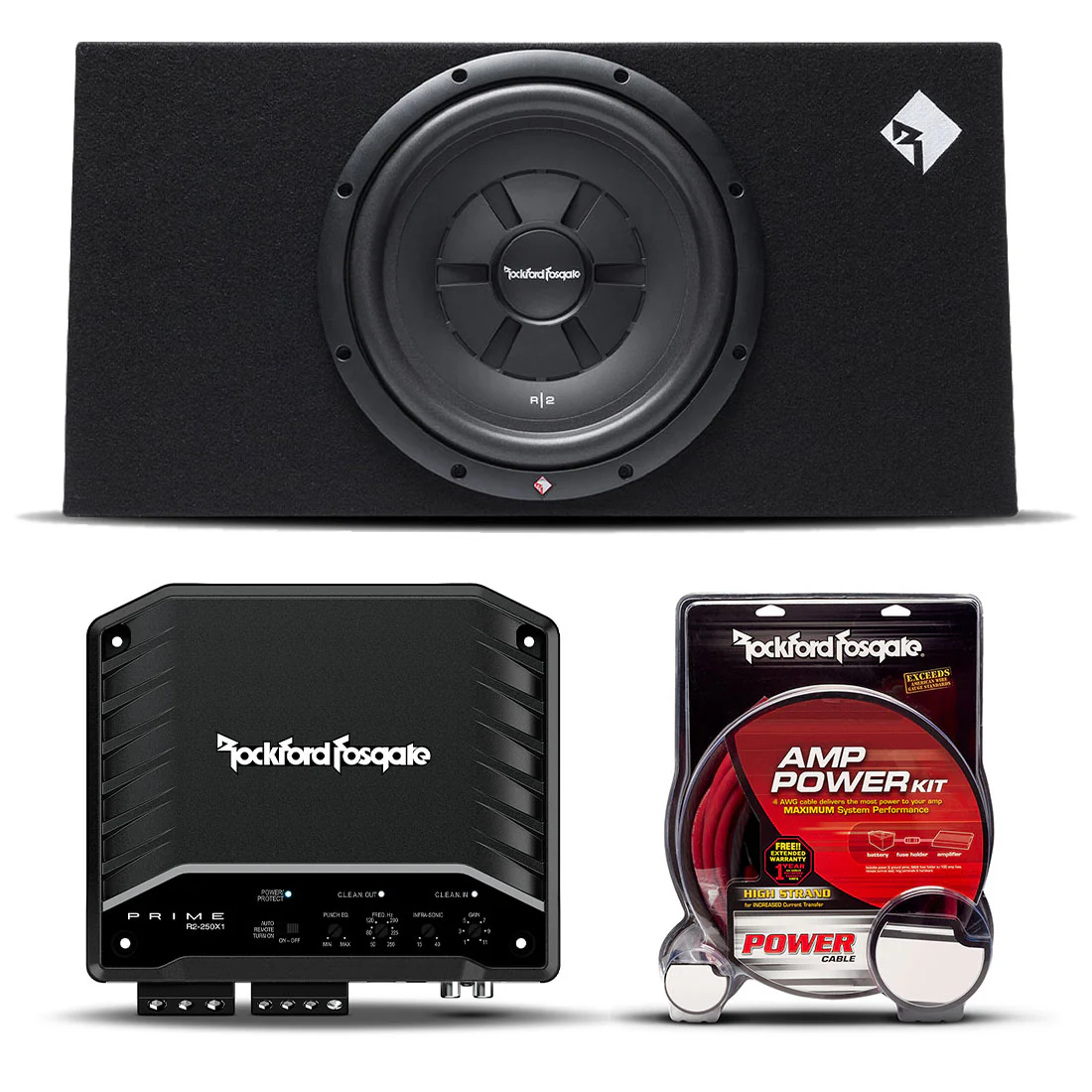 Rockford Fosgate R2S-1X12-BUNDLE 12" Shallow Loaded Subwoofer Enclosure | R2-250X1 Mono Amplifier | RFK8I Installation Kit (R2S1X12BUNDLE)